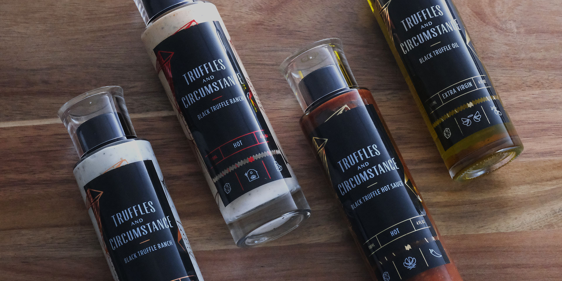 Truffles and Circumstance sauce line up top view