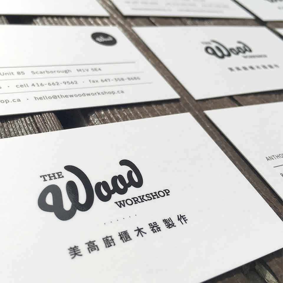 The Wood Workshop business cards close up
